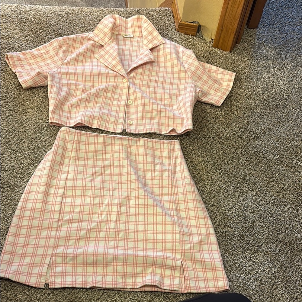 Brandy Melville Pink Plaid Cropped Blazer and Skirt Set